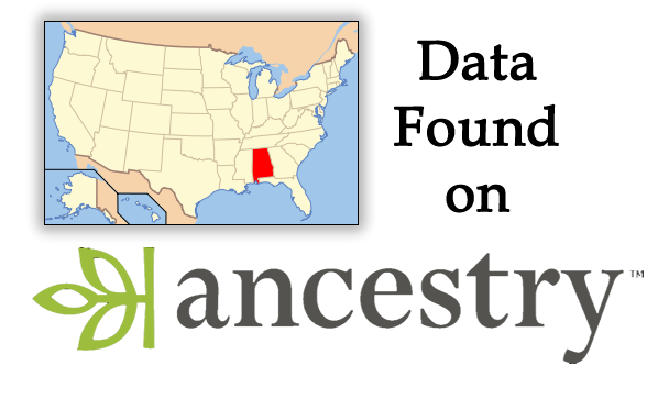 Alabama (outlined on a USA 48-state map) data found on Ancestry